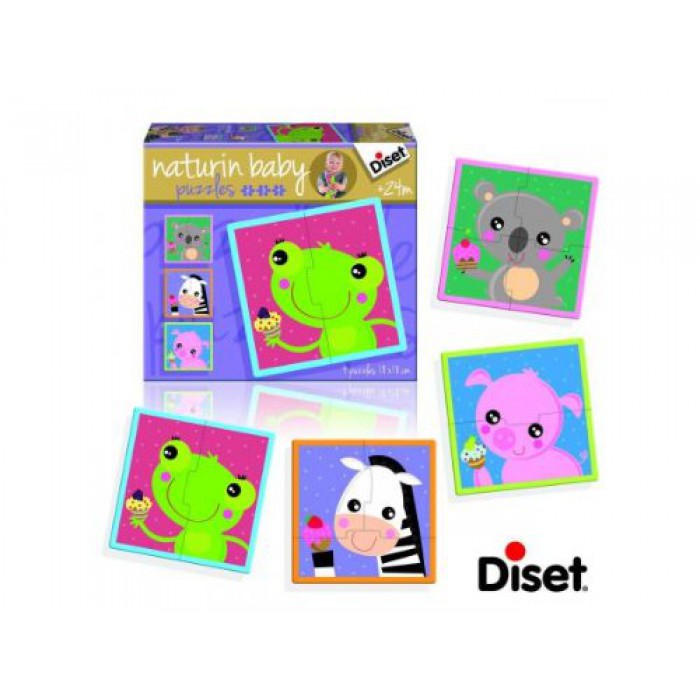 Diset-69956 4 Naturin Baby Puzzles: Frog, Zebra, Pig and Ourson