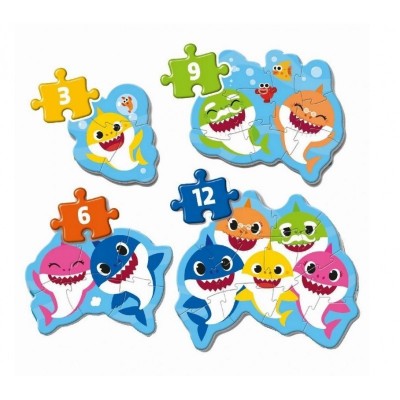 Clementoni-20828 Baby Shark - 4 Progressive Puzzles (3/6/9/12 Pieces)