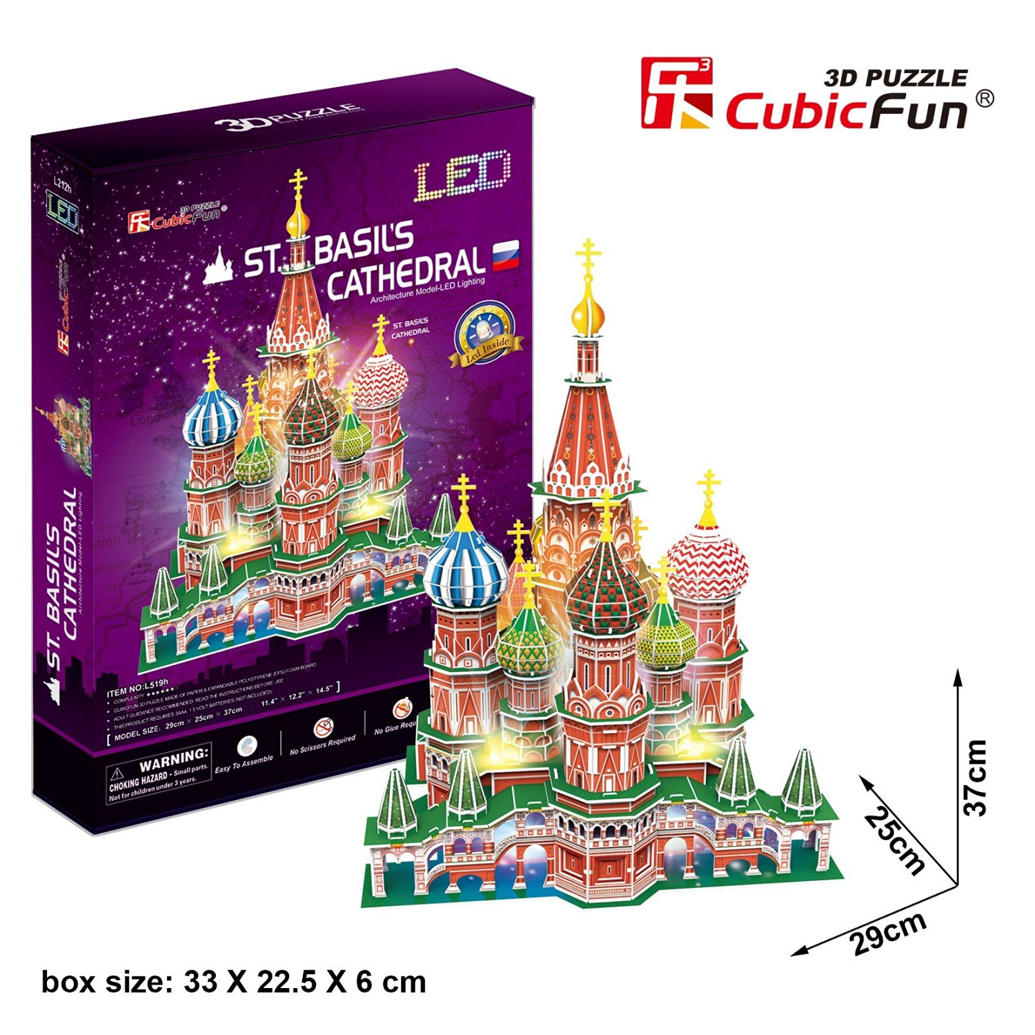  3D Jigsaw Puzzle with LED - St. Basil's Cathedral - Difficulty 6/8 224 piece jigsaw puzzle