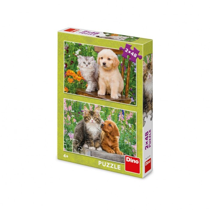 Dino-38172 2 Puzzles - Dog and Cat in the Garden