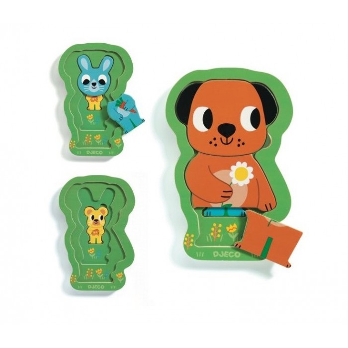 Djeco-01487 Wooden Puzzle - 3 Levels - Charly and Co