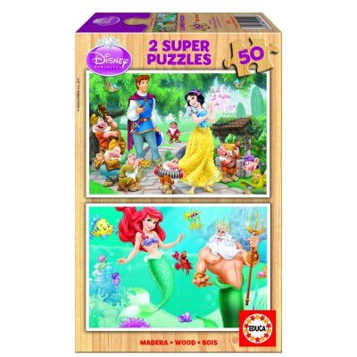 Educa-15592 Jigsaw Puzzle - 2 x 50 Wooden Pieces - Disney Princesses : Snow-White and Ariel