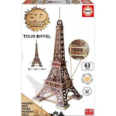Educa-16998 3D Wooden Jigsaw Puzzle - Eiffel Tower