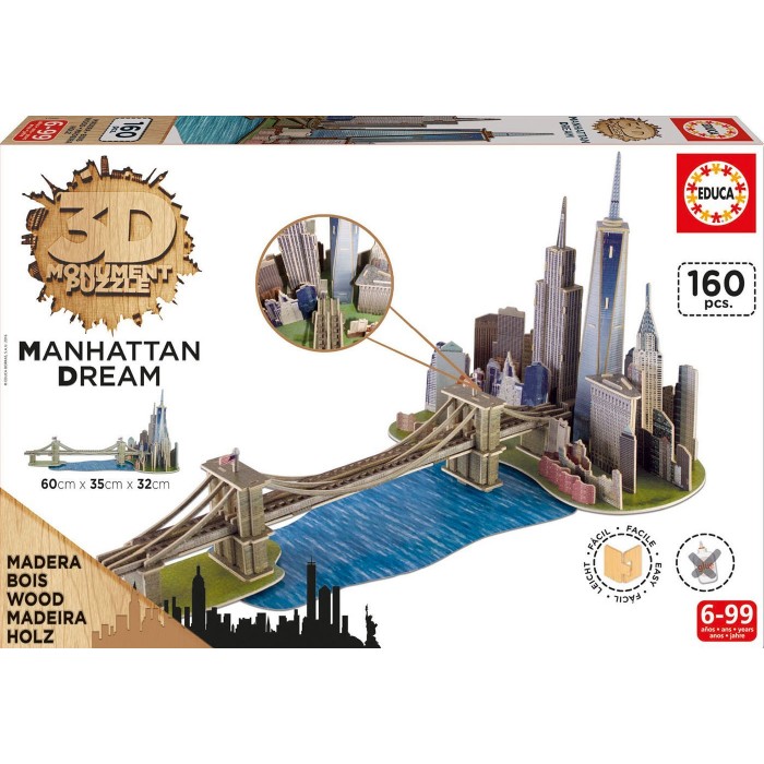 3D Puzzle - 3D Wooden Jigsaw Puzzle - Brooklyn Bridge, Manhattan Dream