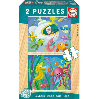 Educa-17617 2 Wooden Jigsaw Puzzles - Water Animals