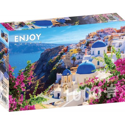Puzzle Enjoy-Puzzle-1083 Santorini View with Flowers, Greece