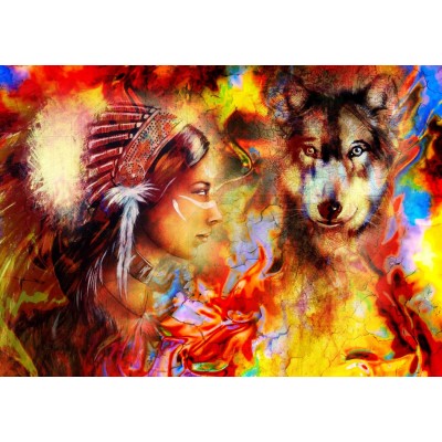 Puzzle Grafika-T-00686 The Indian Woman and the Wolf