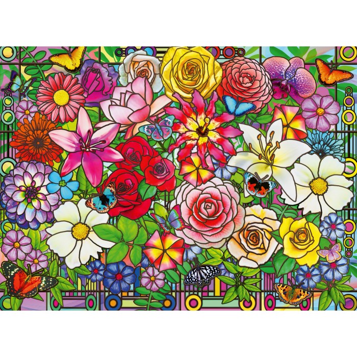 Ravensburger-01364 Wellness & Puzzle - Stained Glass Flowers