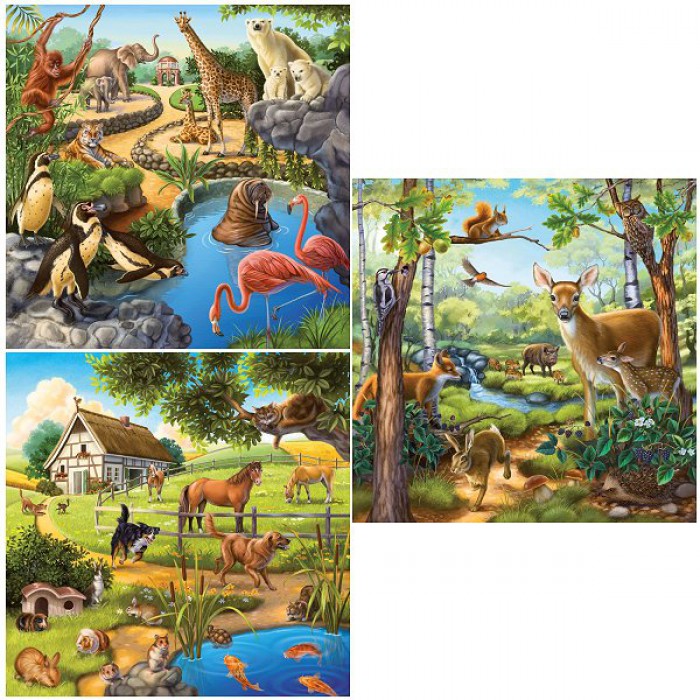 Jigsaw Puzzle - 3 x 49 Pieces - Wild, Pet and Zoo Animals