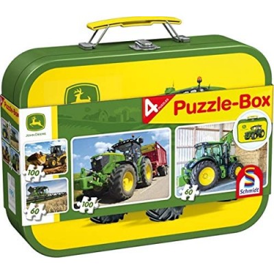 Schmidt-Spiele-56497 John Deere, Tractor, 4 Children's Puzzles in Metal Case, 2x60 and 2x100 Pieces